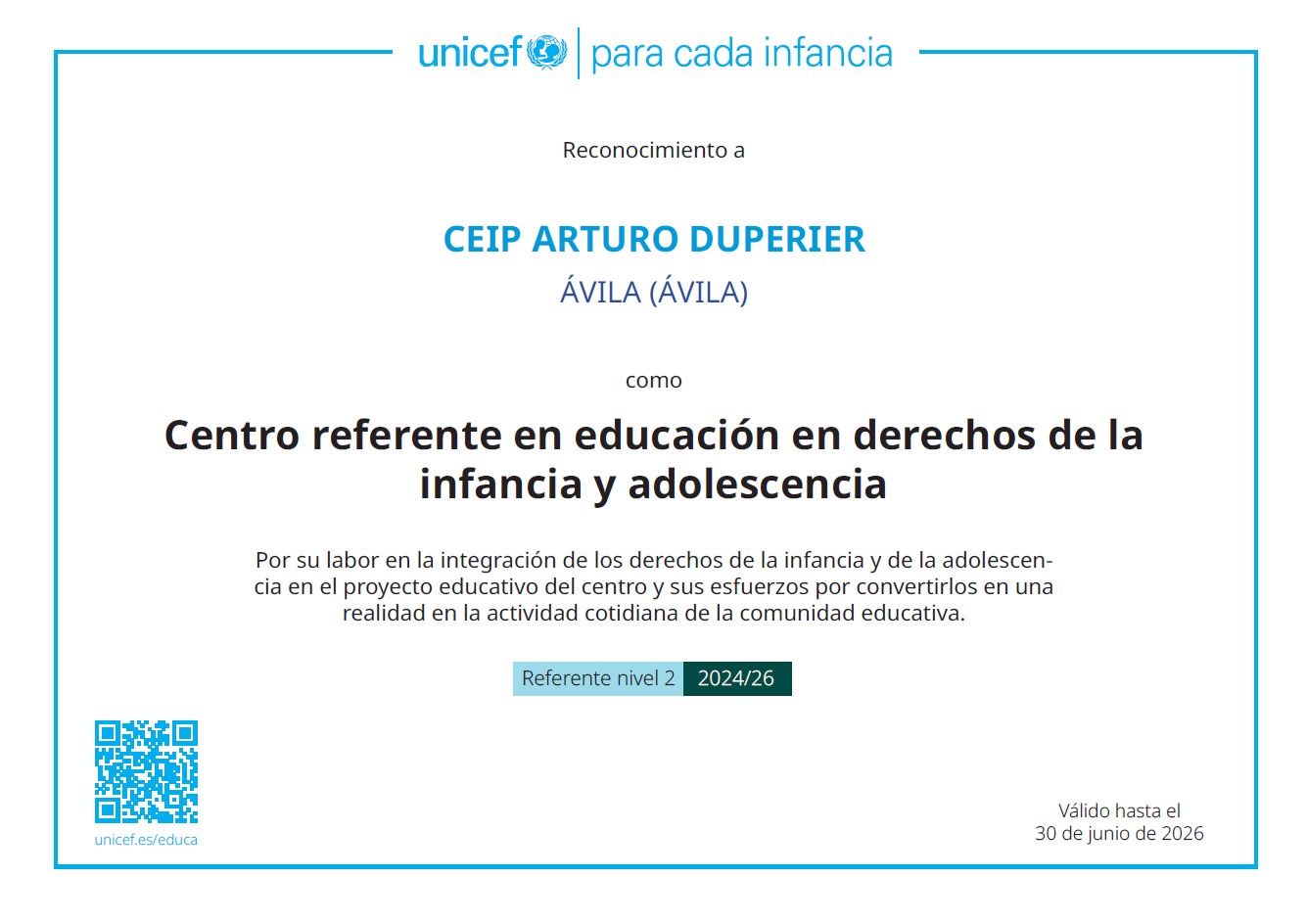 DIPLOMA CENTRO REFERENTE DERECHOS INFANCIA - UNICEF